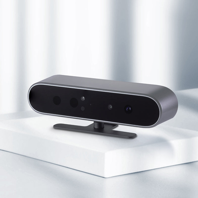 Angled promotional view of Orbbec Astra 2 3D camera on a sleek stand, featuring upgraded optics for high stability.
