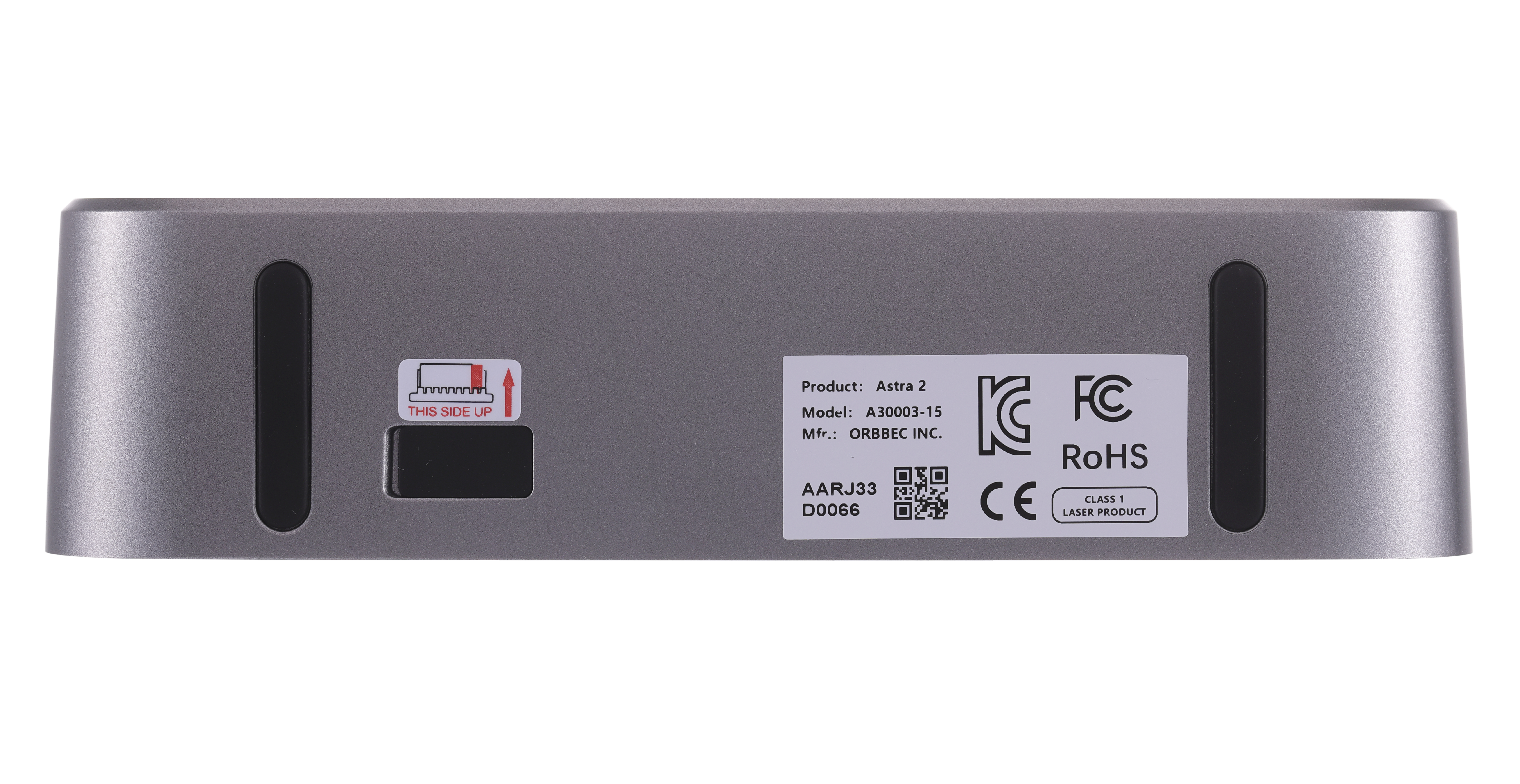 Bottom view of Orbbec Astra 2 showcasing the 8-Pin multi-camera synchronization interface and certification label.