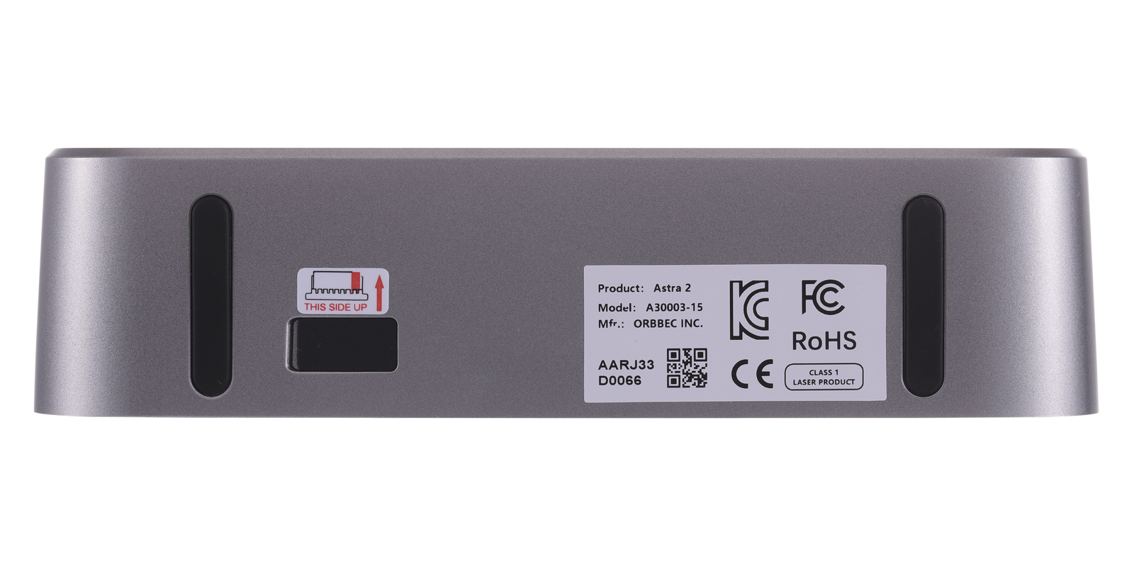 Bottom view of Orbbec Astra 2 showcasing the 8-Pin multi-camera synchronization interface and certification label.