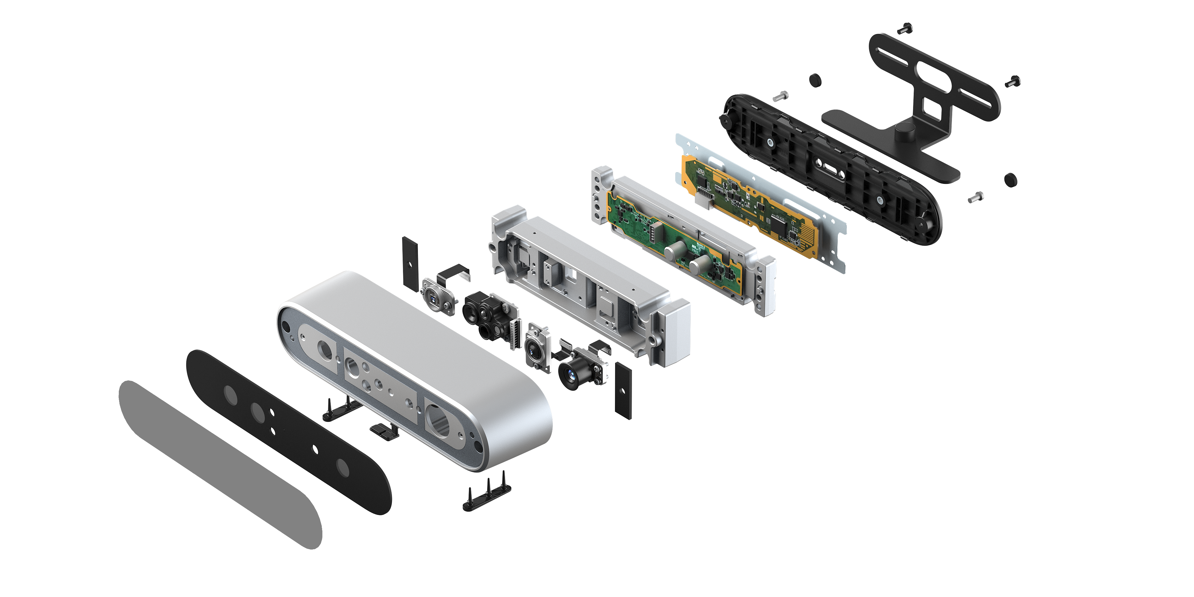 Exploded view of Orbbec Astra 2 hardware components, highlighting the integrated IMU and industrial depth sensor array.