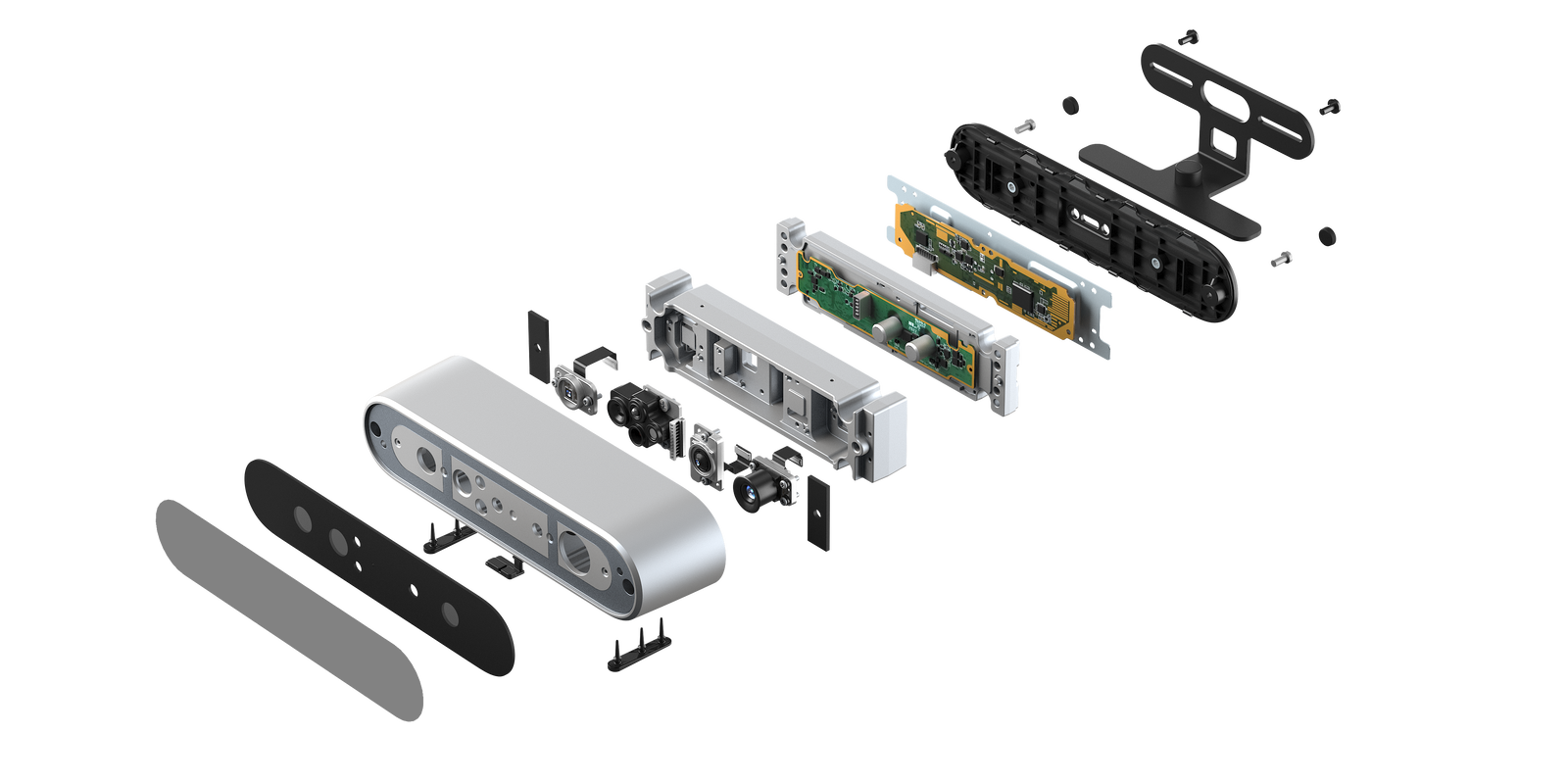 Exploded view of Orbbec Astra 2 hardware components, highlighting the integrated IMU and industrial depth sensor array.
