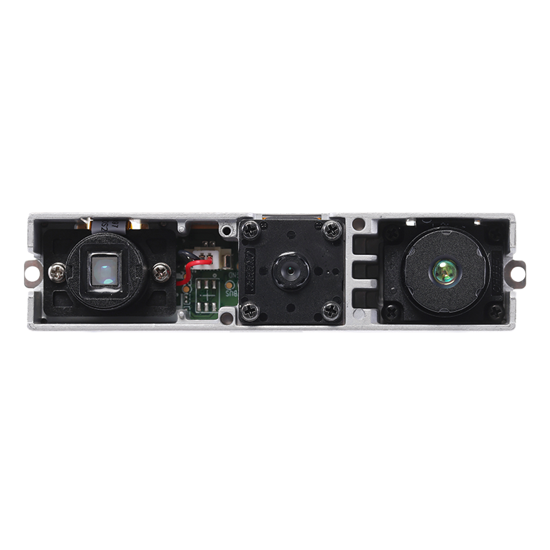 Front flat view of embedded Astra Mini S 3D camera module showcasing its structured light lens components.