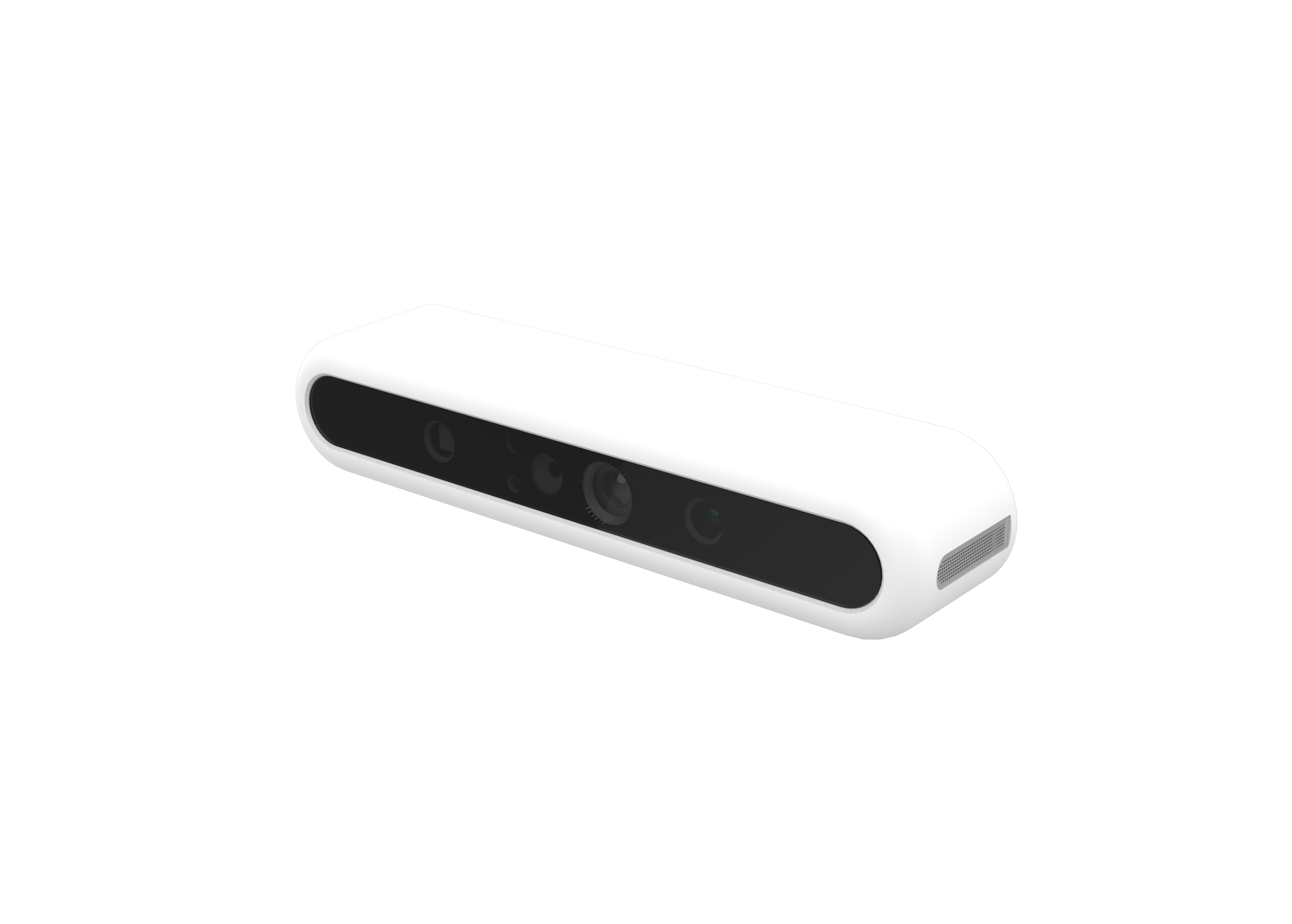 Angled product view of white Orbbec Astra+ 3D camera engineered with structured light technology for indoor operation.