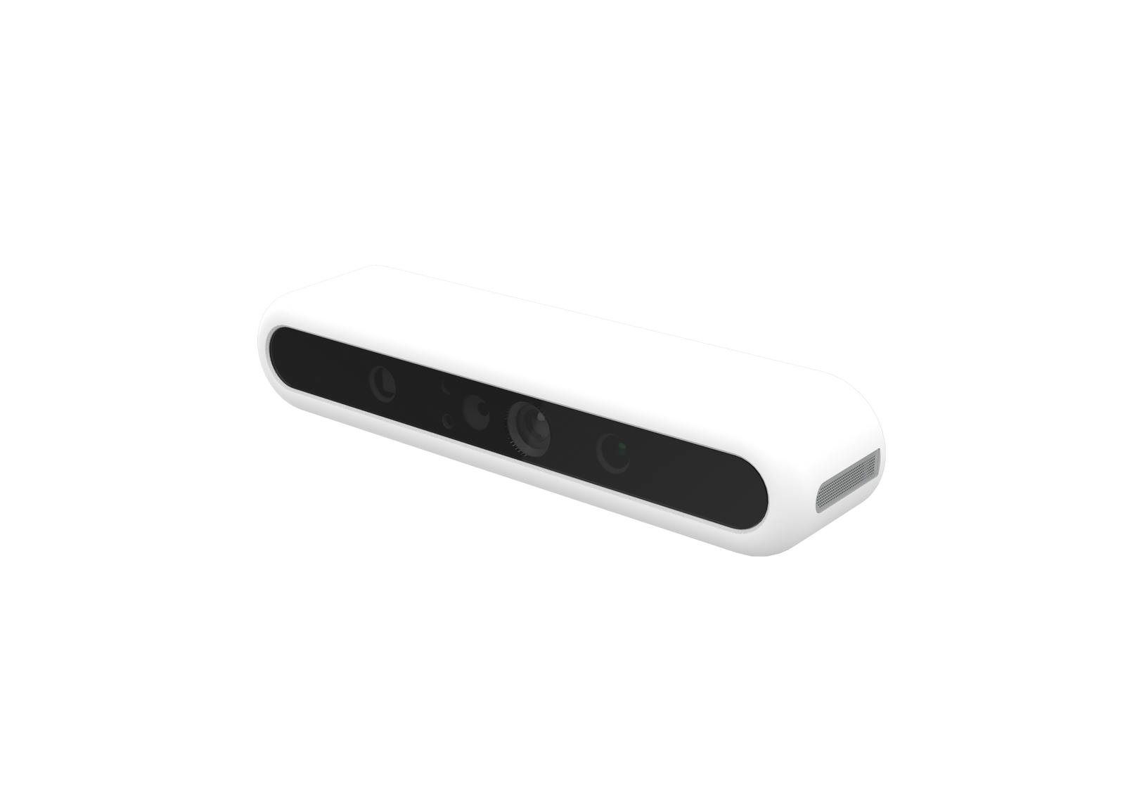 Angled product view of white Orbbec Astra+ 3D camera engineered with structured light technology for indoor operation.