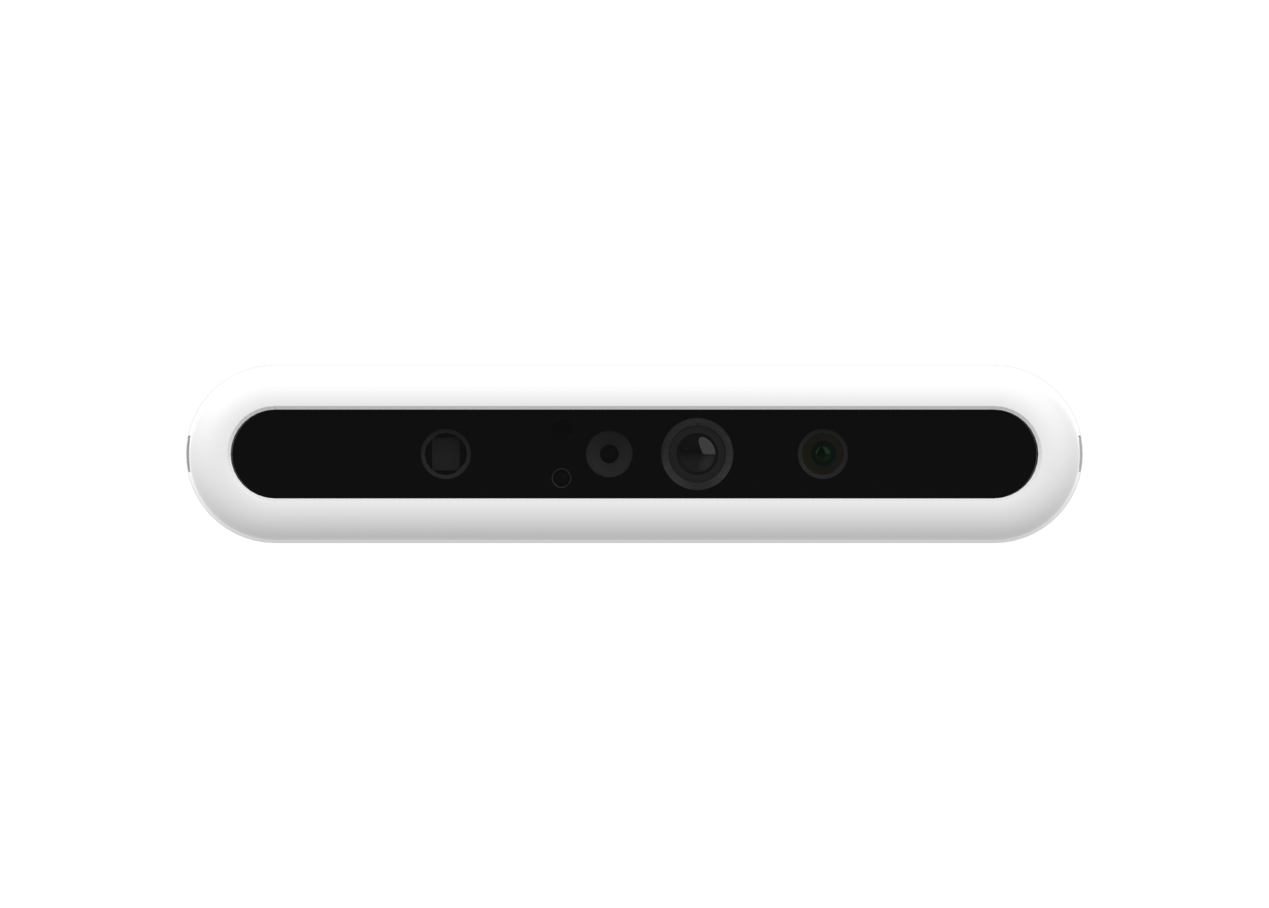 Front flat view of Astra+ smart camera featuring an advanced optical window and custom ASIC depth processing.