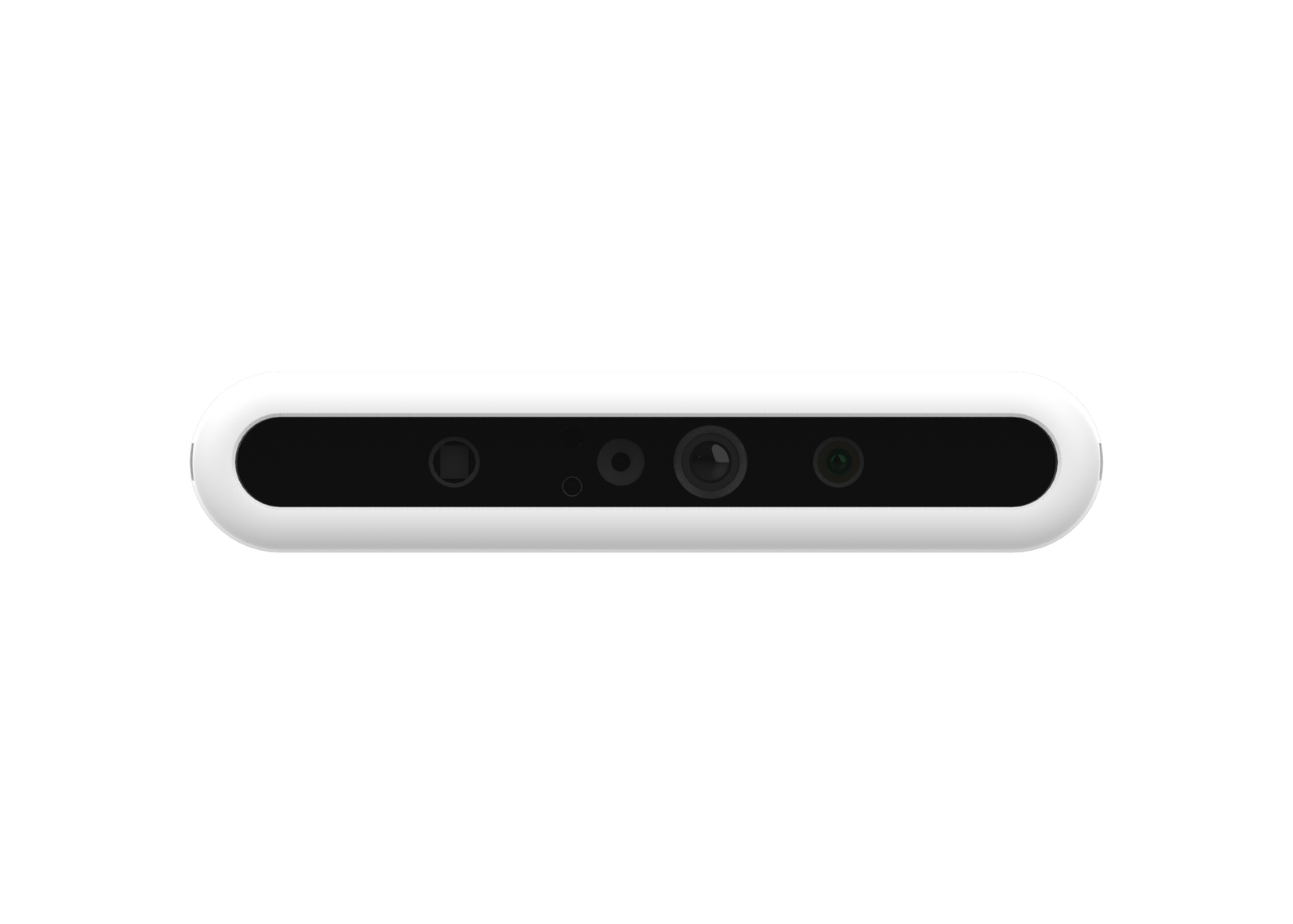 Front flat view of Astra+ smart camera featuring an advanced optical window and custom ASIC depth processing.