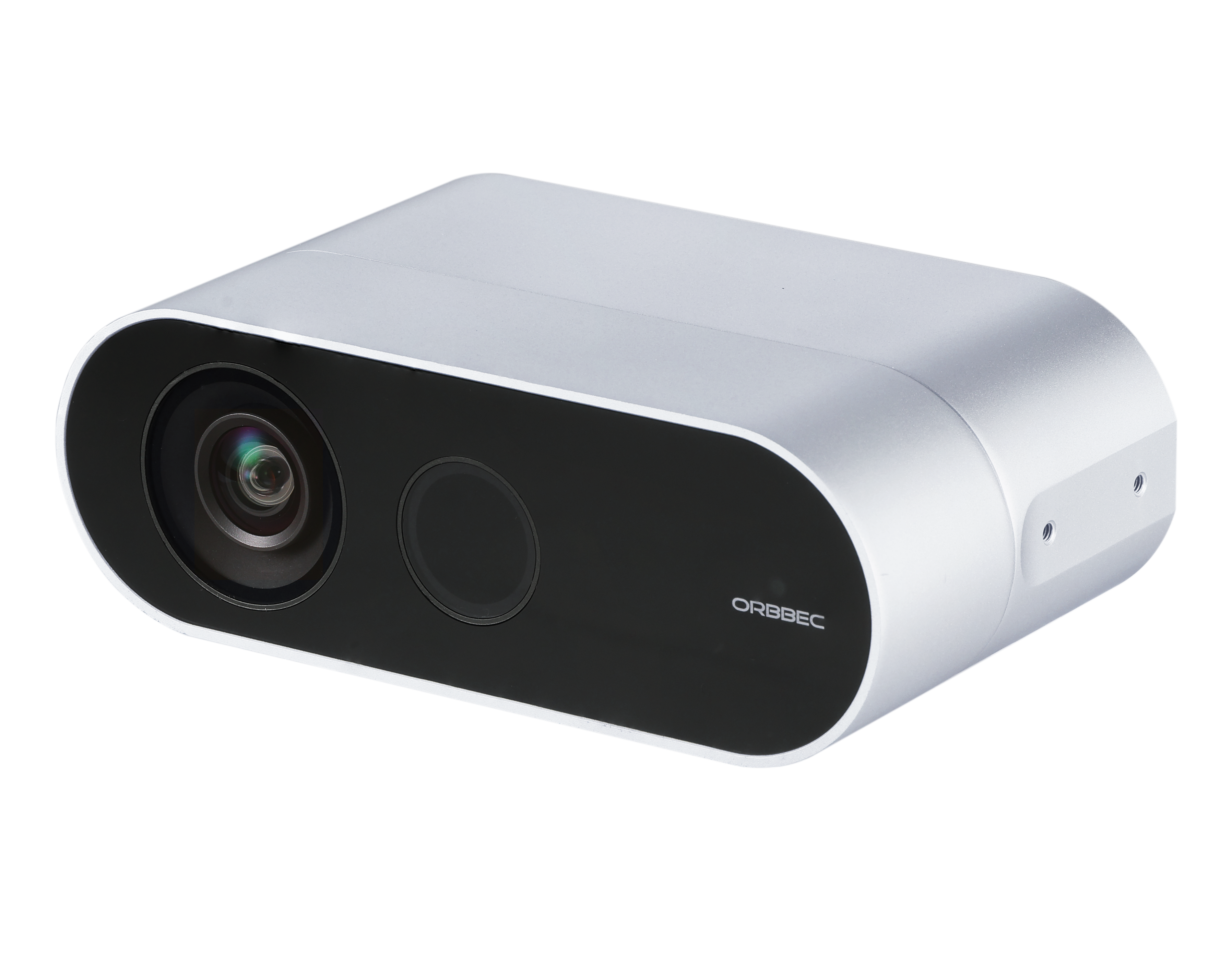 Angled promotional view of Orbbec Femto Bolt 3D camera on a sleek platform, a Microsoft-recommended alternative to Azure Kinect.