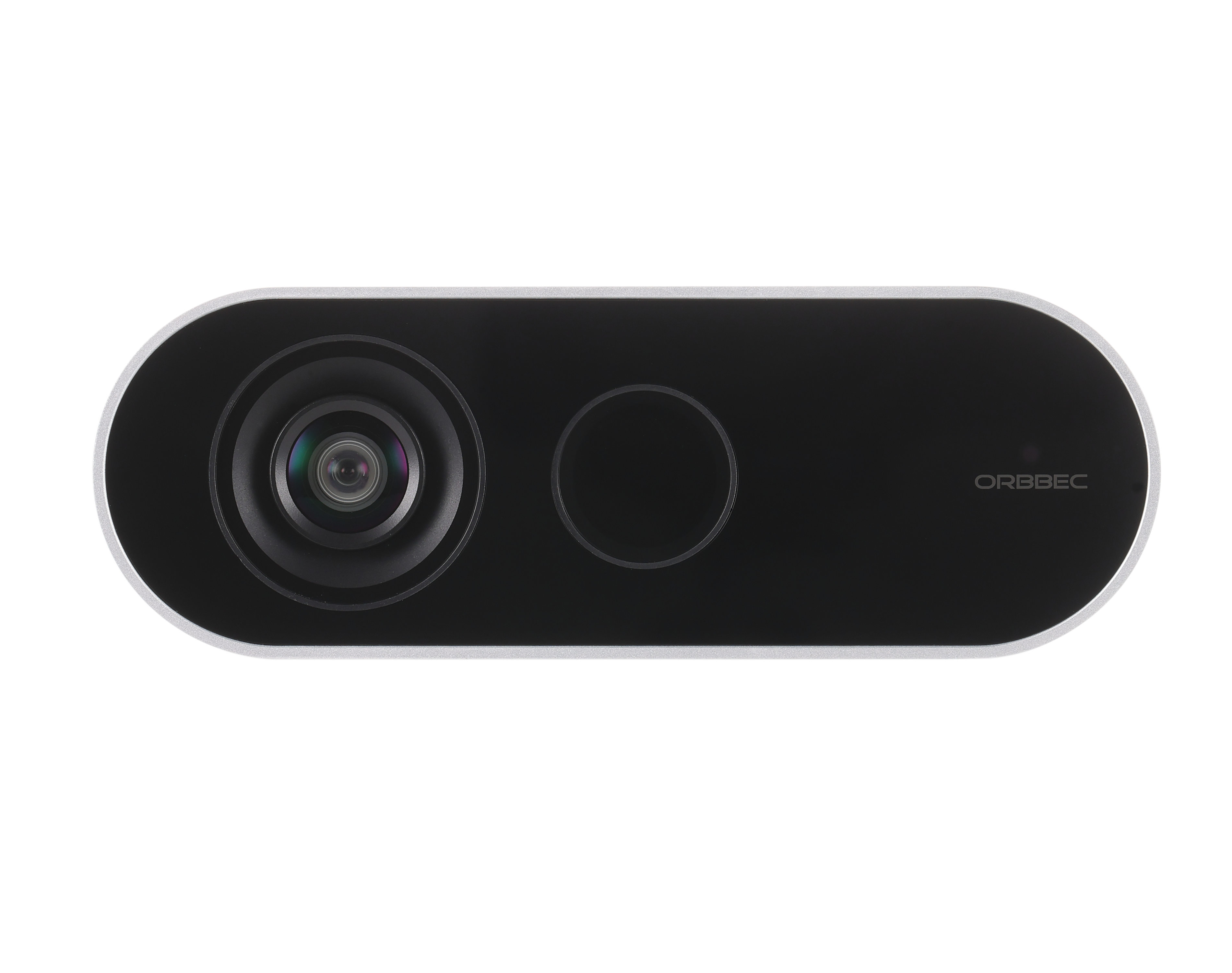 Close-up front view of Orbbec Femto Bolt 3D camera lens array, featuring a wide 120-degree FOV for AI vision development.