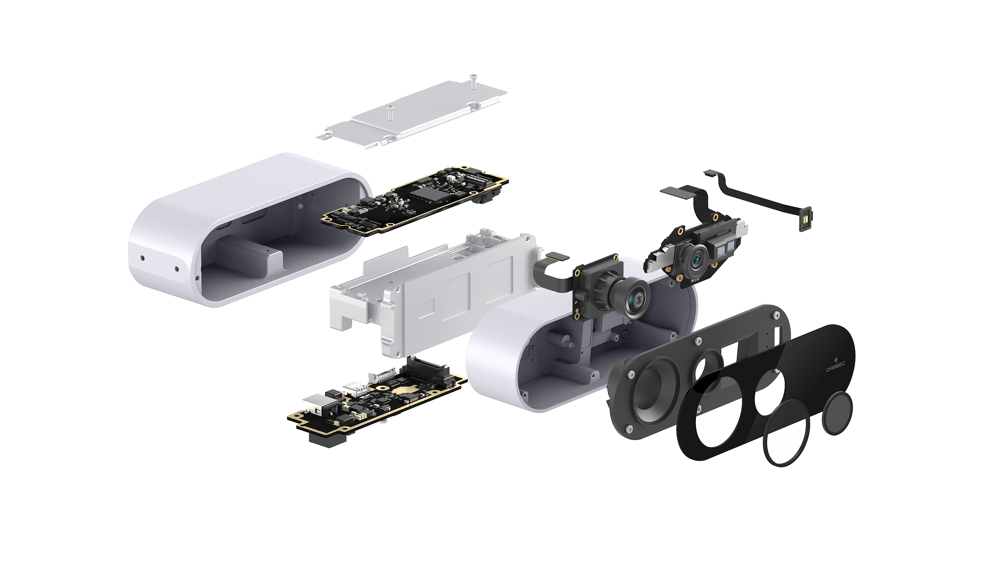 Exploded view of the Orbbec Femto Bolt 3D camera components, showcasing the high-performance iToF hardware co-developed with Microsoft.