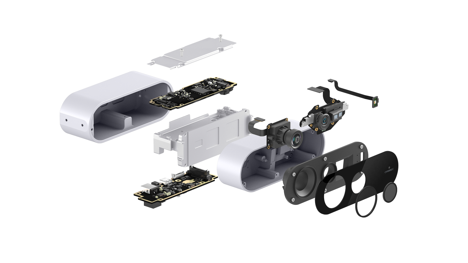 Exploded view of the Orbbec Femto Bolt 3D camera components, showcasing the high-performance iToF hardware co-developed with Microsoft.