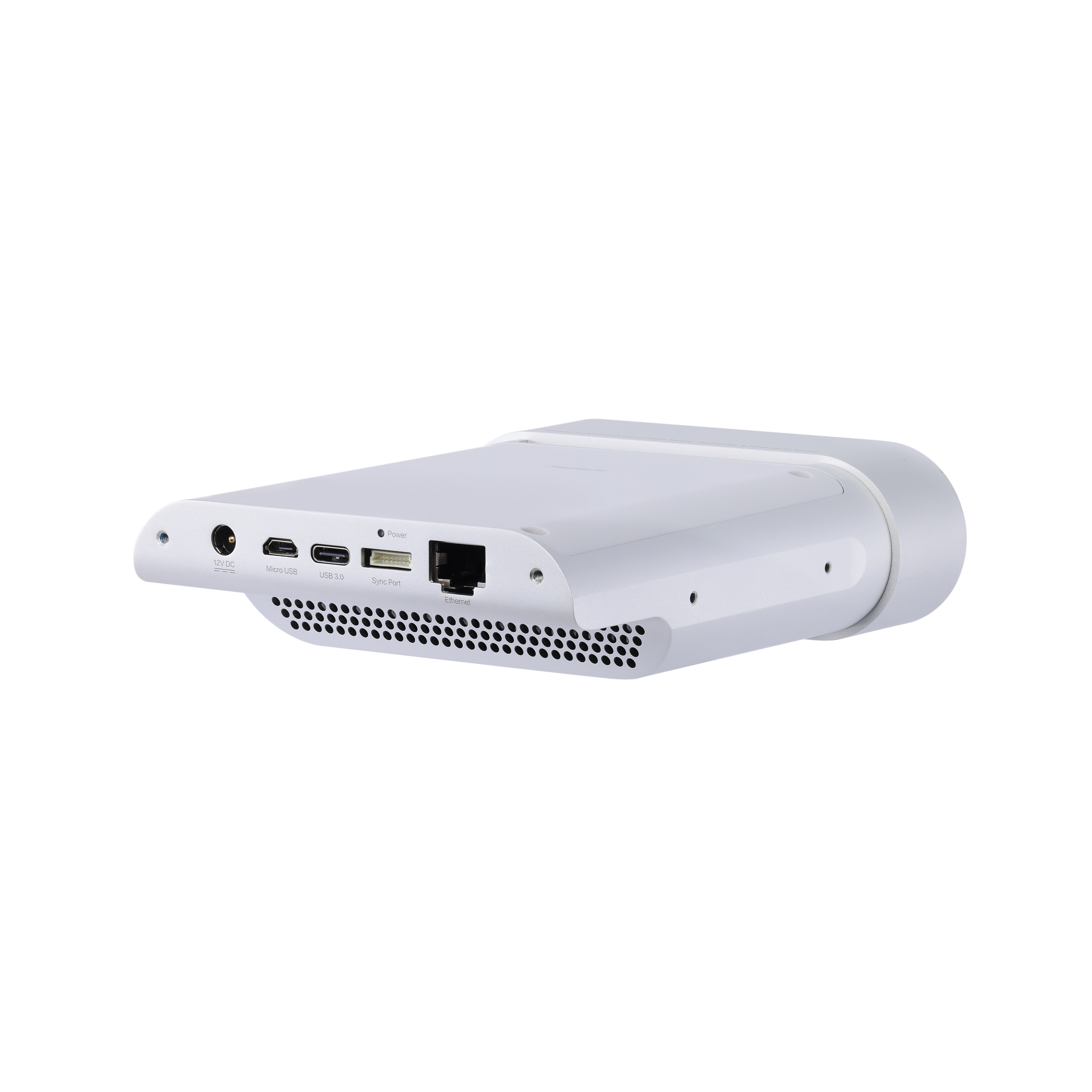 Rear view of Femto Mega 3D camera showing Ethernet PoE, 8-pin Sync Port, USB 3.0, and Micro USB interfaces.