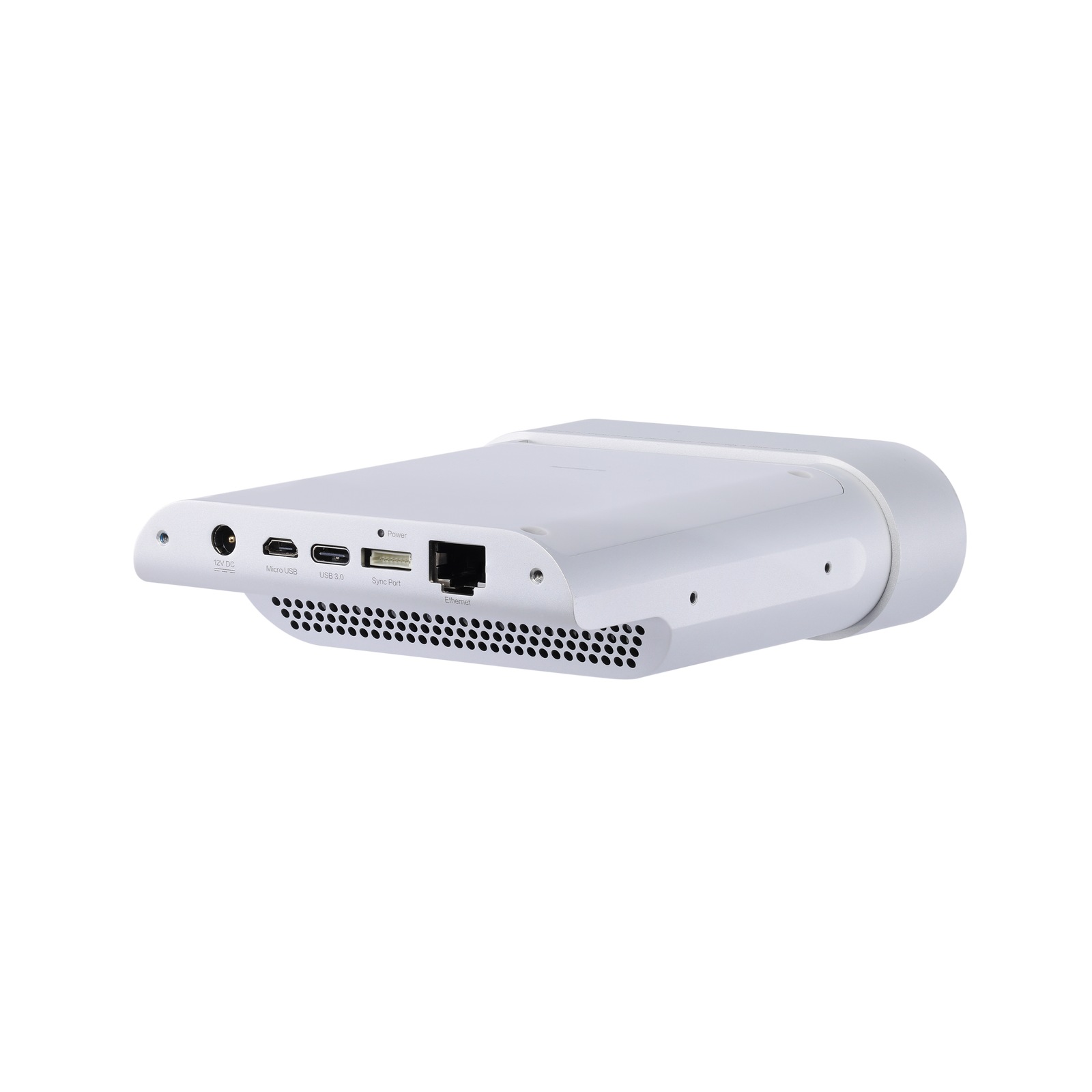 Rear view of Femto Mega 3D camera showing Ethernet PoE, 8-pin Sync Port, USB 3.0, and Micro USB interfaces.