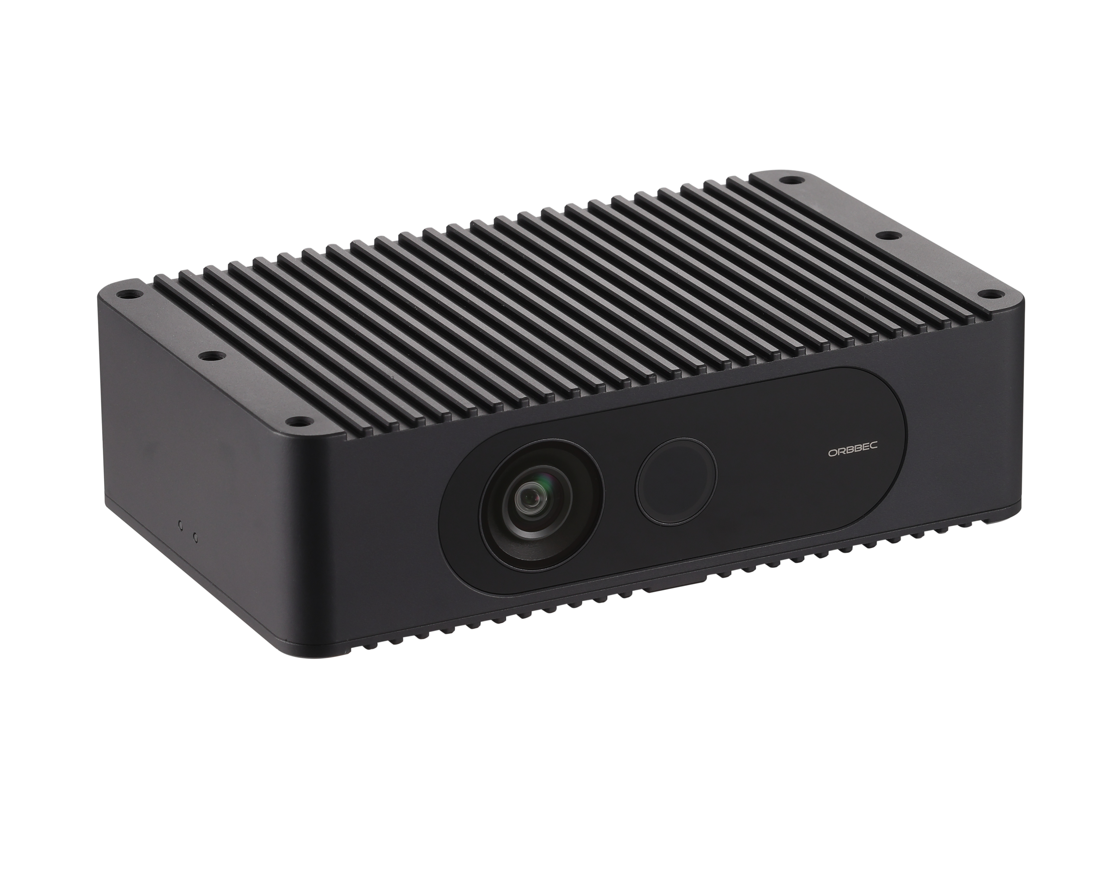 Left side view of Femto Mega I 3D camera supporting M12 X-coding Ethernet with PoE for warehouse logistics automation.