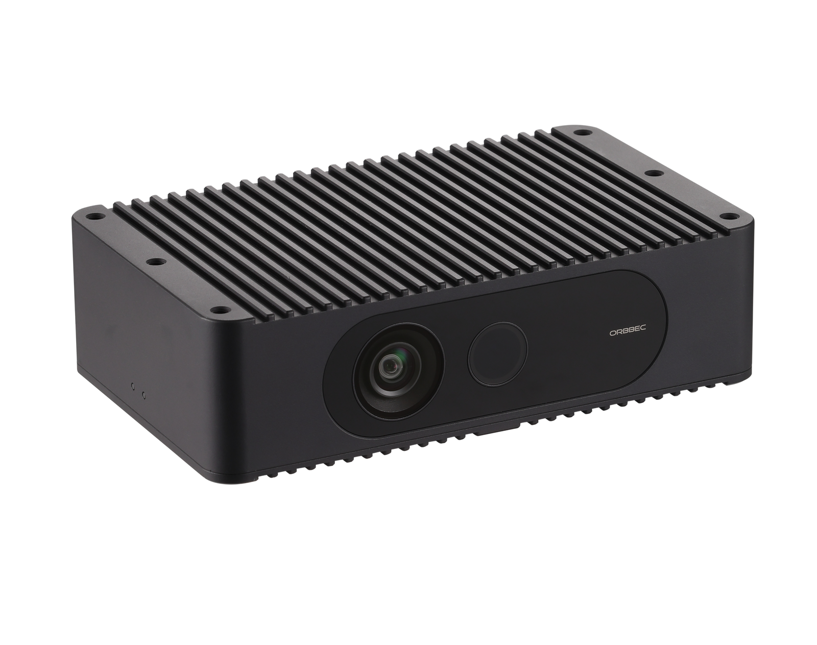 Left side view of Femto Mega I 3D camera supporting M12 X-coding Ethernet with PoE for warehouse logistics automation.