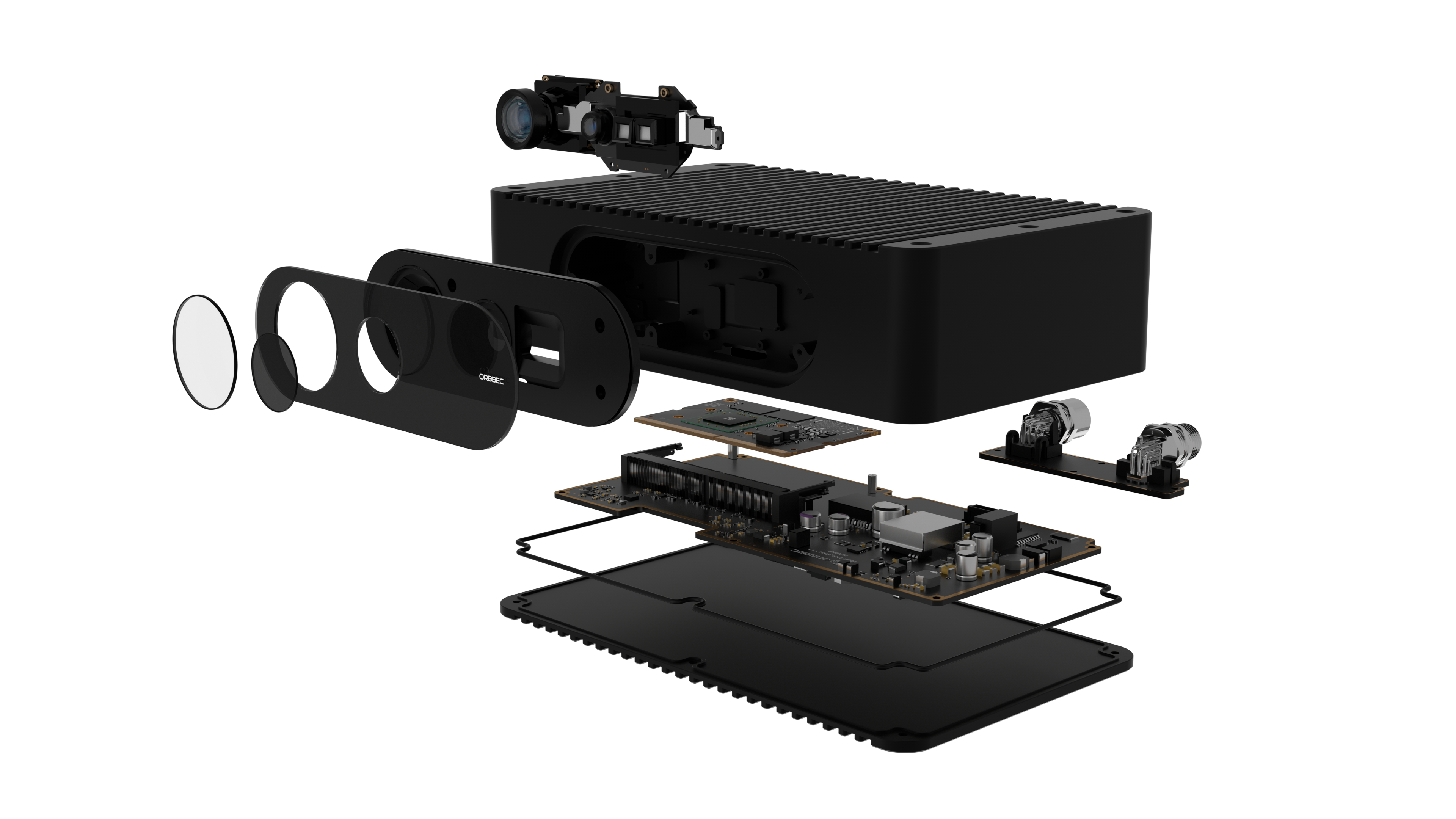 Exploded view of Femto Mega I components highlighting high-performance optical module and industrial casing setup.