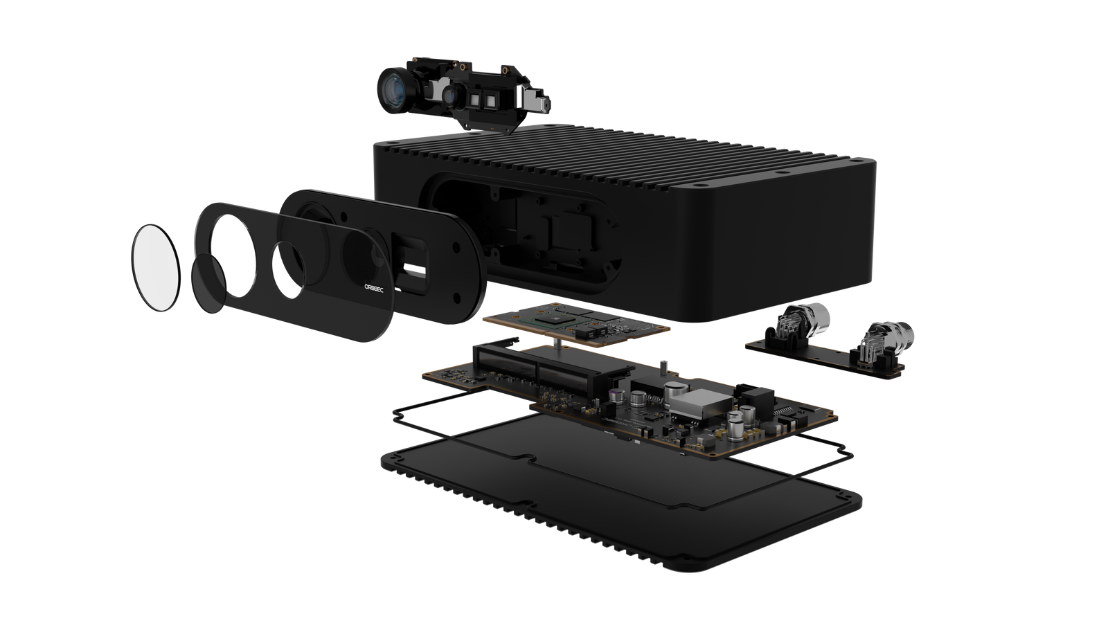 Exploded view of Femto Mega I components highlighting high-performance optical module and industrial casing setup.