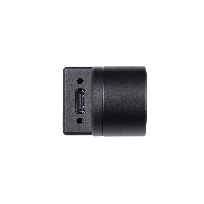 Side profile photo of Gemini 215 enclosure detailing the USB Type-C power input and dual installation holes.