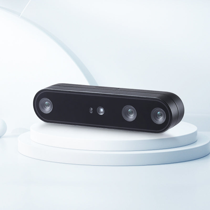 Angled promotional view of Orbbec Gemini 2L 3D camera featuring a 100mm baseline for high-accuracy robot perception.