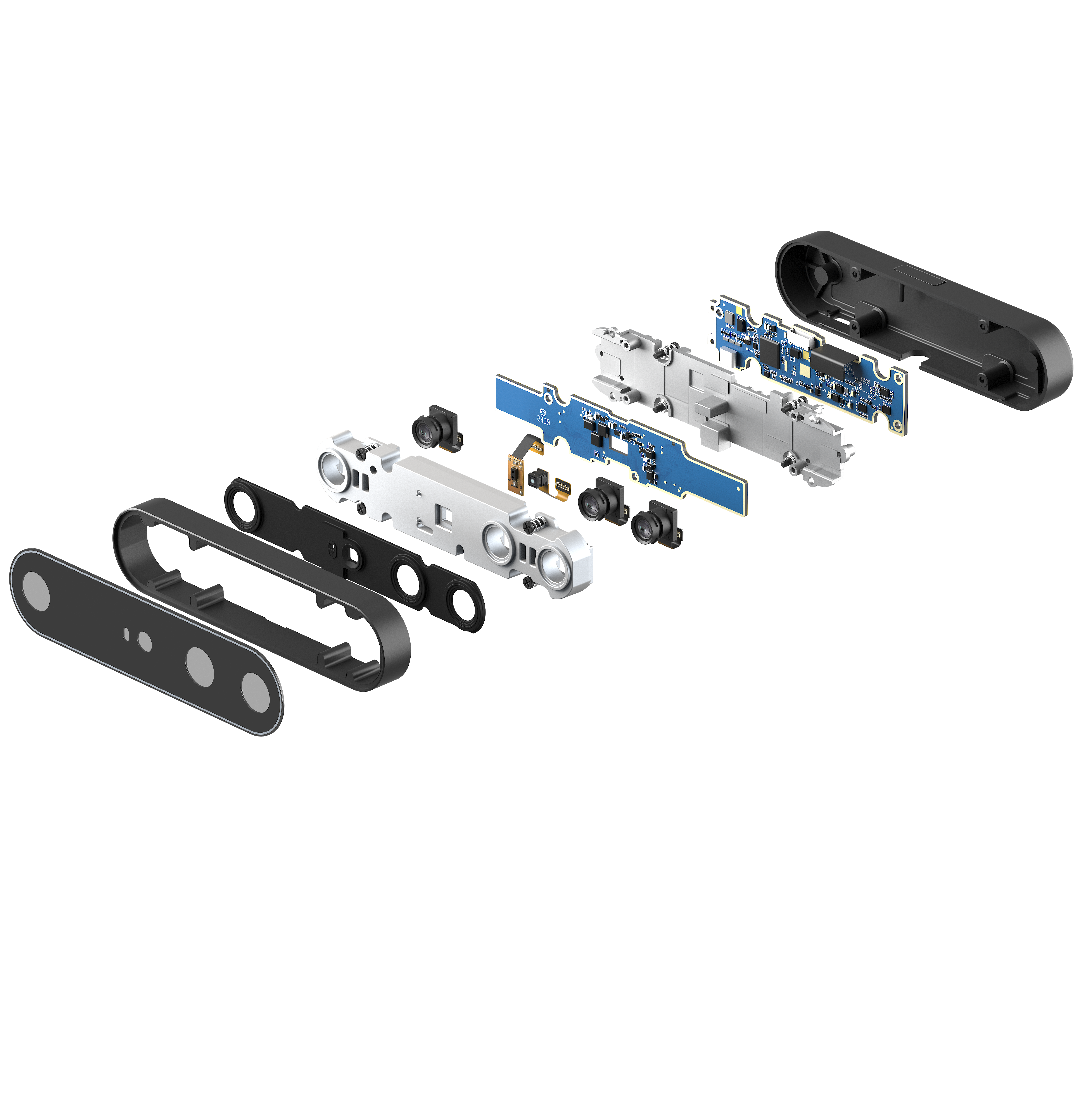 Exploded view of Gemini 2L components highlighting dual global shutter sensors and space-time synchronized D2C hardware.