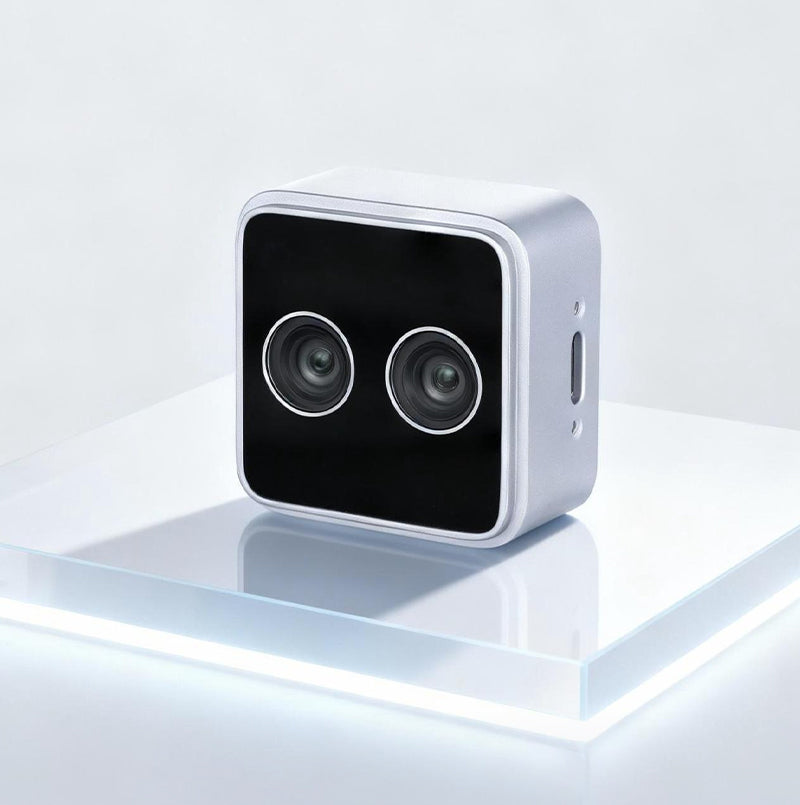 Angled promotional view of Gemini 305 3D camera featuring a 68g compact body for agile robotic grasping.