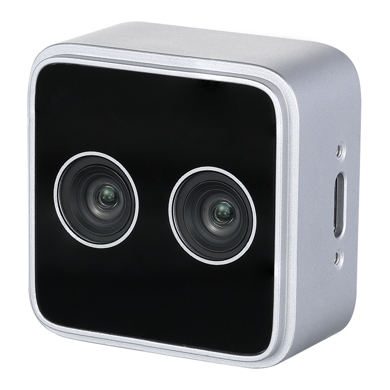 Right angled view of Orbbec Gemini 305 cobot camera engineered for robotic wrist mounting and recognition.