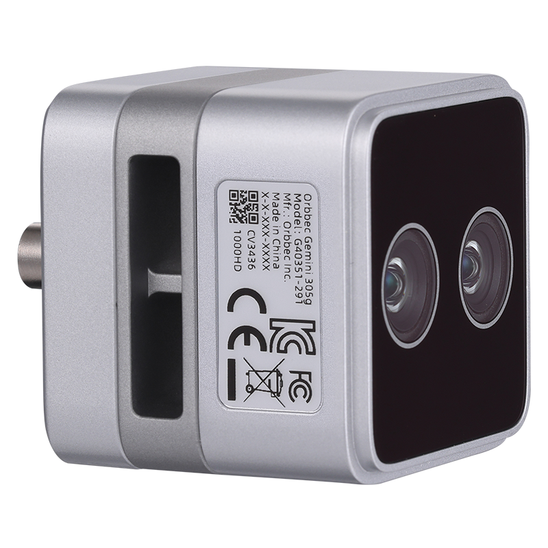 Rear three-quarter photo of Gemini 305g camera displaying the product qualification label and robust housing.