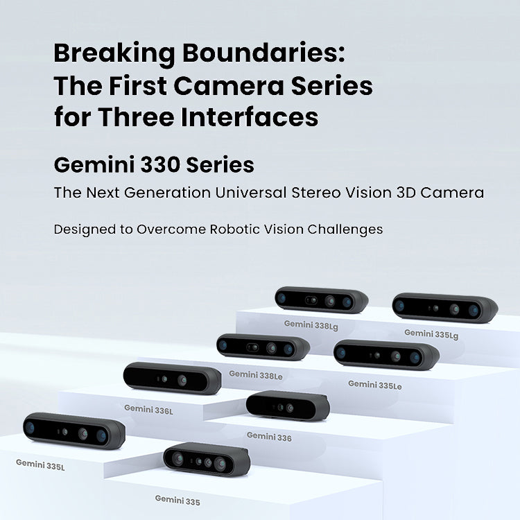 Close-up specs chart of Gemini 330 series 3D cameras categorized by USB3, Ethernet, and GMSL2 industrial interfaces.