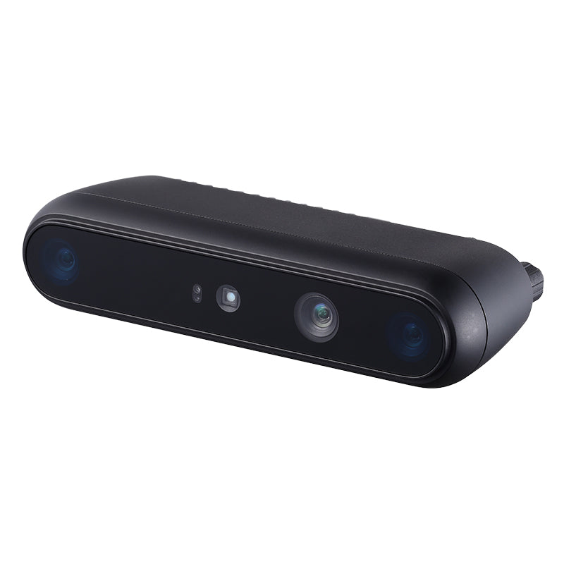 Angled product photo of Orbbec Gemini 335Le 3D camera built for real-time visual data in dynamic industrial robotics.