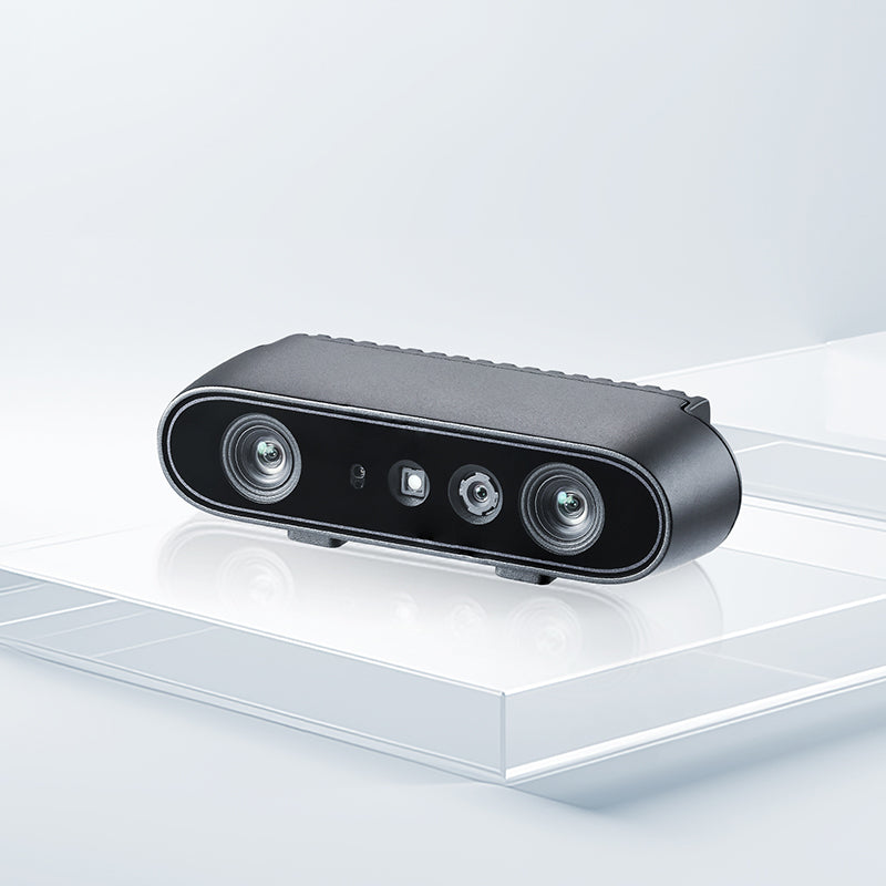 Angled promotional view of Orbbec Gemini 335 stereo camera with built-in depth processing and high spatial precision.