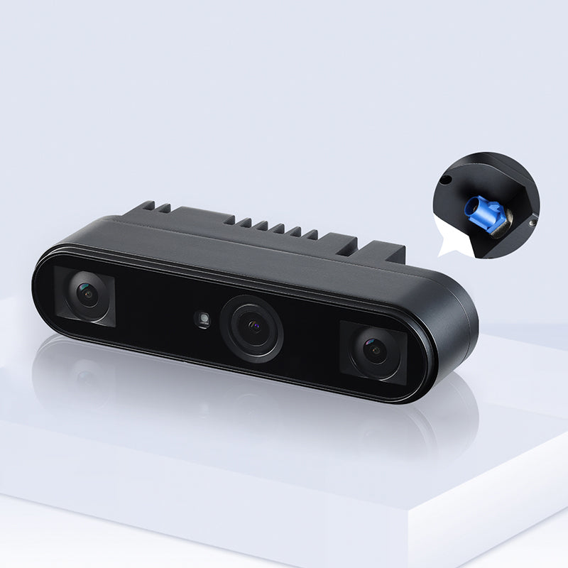 Orbbec Gemini 345Lg rugged stereo camera with an inset close-up highlighting its blue GMSL2 FAKRA-C connector.