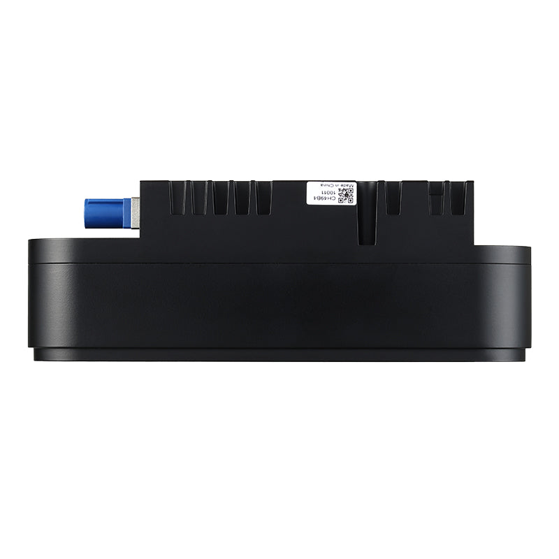 Bottom view of Gemini 345Lg rugged hardware housing with heat sink ridges and QR code serial tracking label.