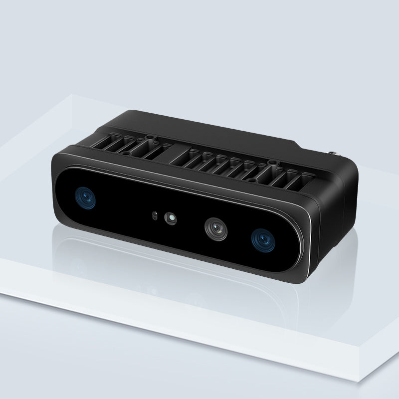 Angled promotional view of Orbbec Gemini 435Le 3D camera engineered for industrial robot navigation in harsh environments.