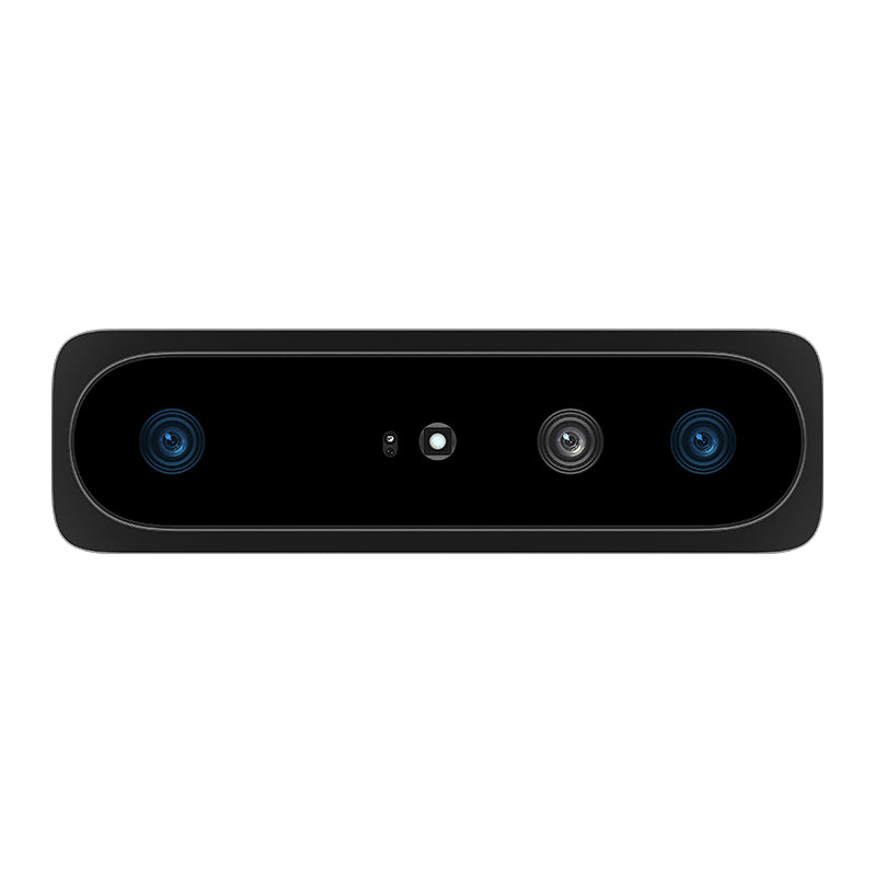 Front view of Orbbec Gemini 435Le stereo vision camera with dual global shutter sensors for low-noise depth data.