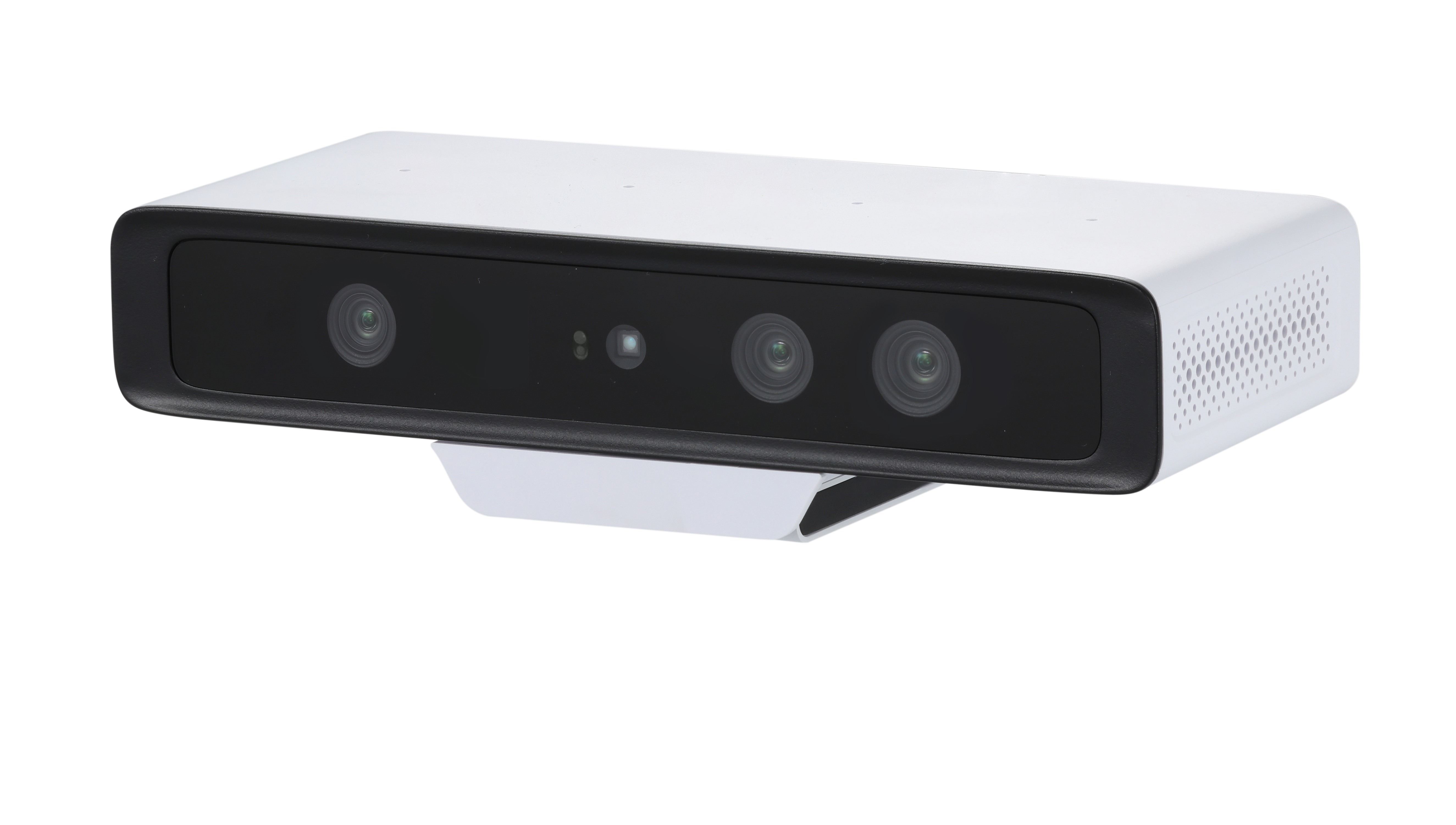 Angled view of Persee 2 3D camera with an integrated adjustable stand supporting 0.2-10m zero blind spot depth sensing.
