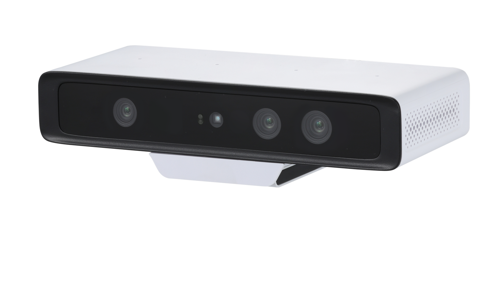 Angled view of Persee 2 3D camera with an integrated adjustable stand supporting 0.2-10m zero blind spot depth sensing.
