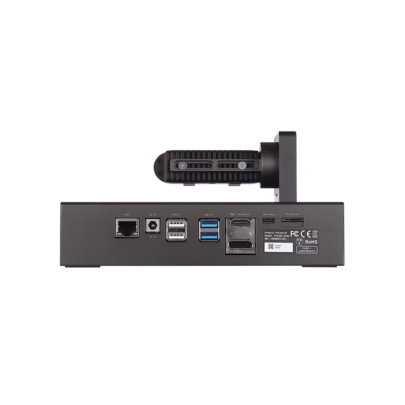 Rear panel view of Persee N1 detailing Gigabit Ethernet, HDMI, DisplayPort, USB 3.0, and MicroSD expansion slots.