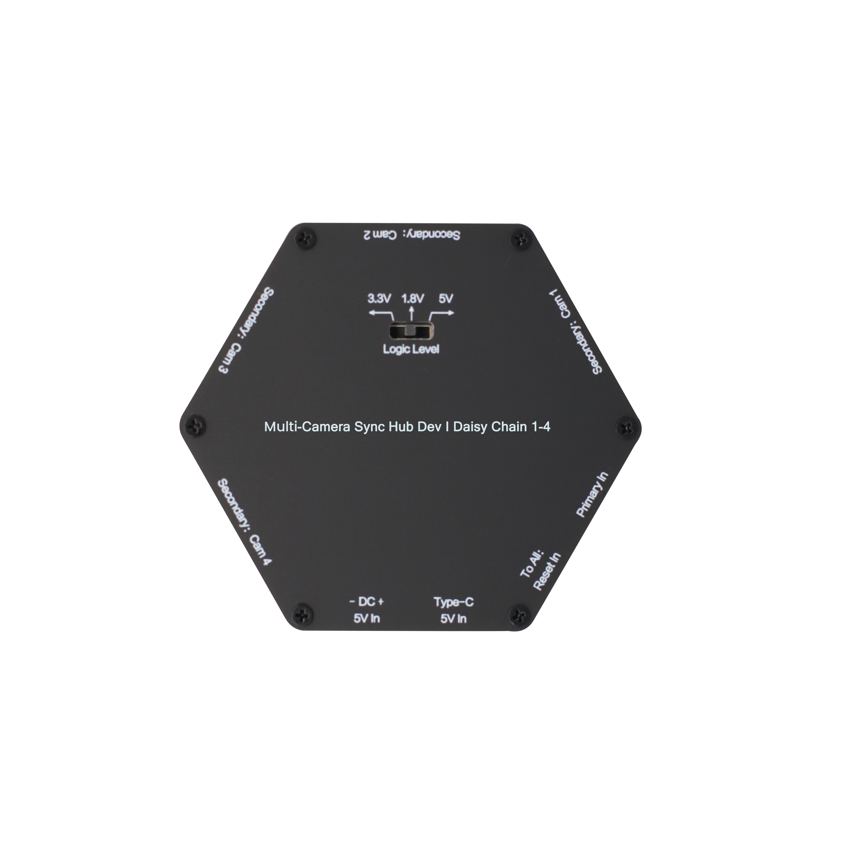 Top flat view of Sync Hub Dev Daisy Chain 1-4 showing switchable logic level voltages and 5V USB-C input.