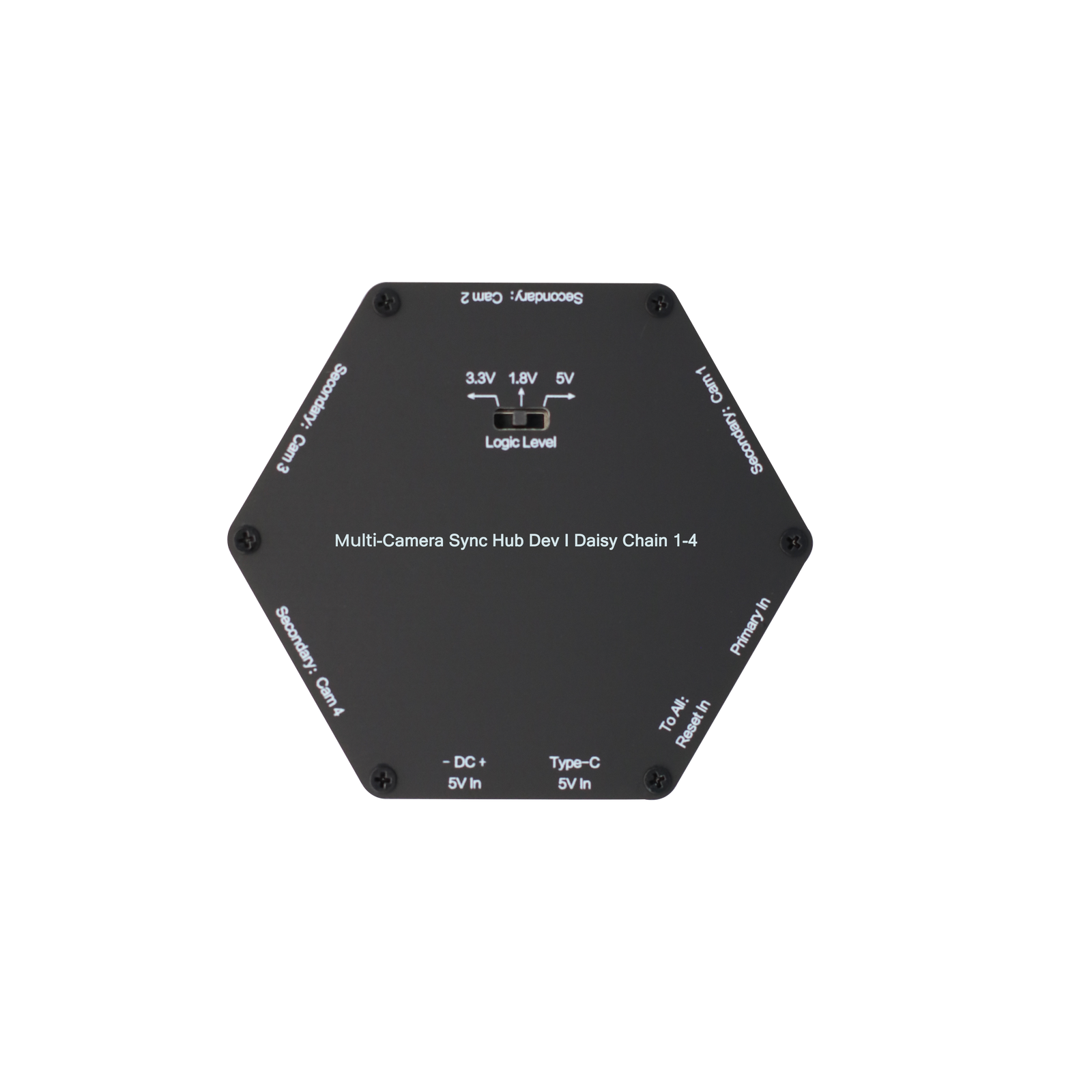 Top flat view of Sync Hub Dev Daisy Chain 1-4 showing switchable logic level voltages and 5V USB-C input.