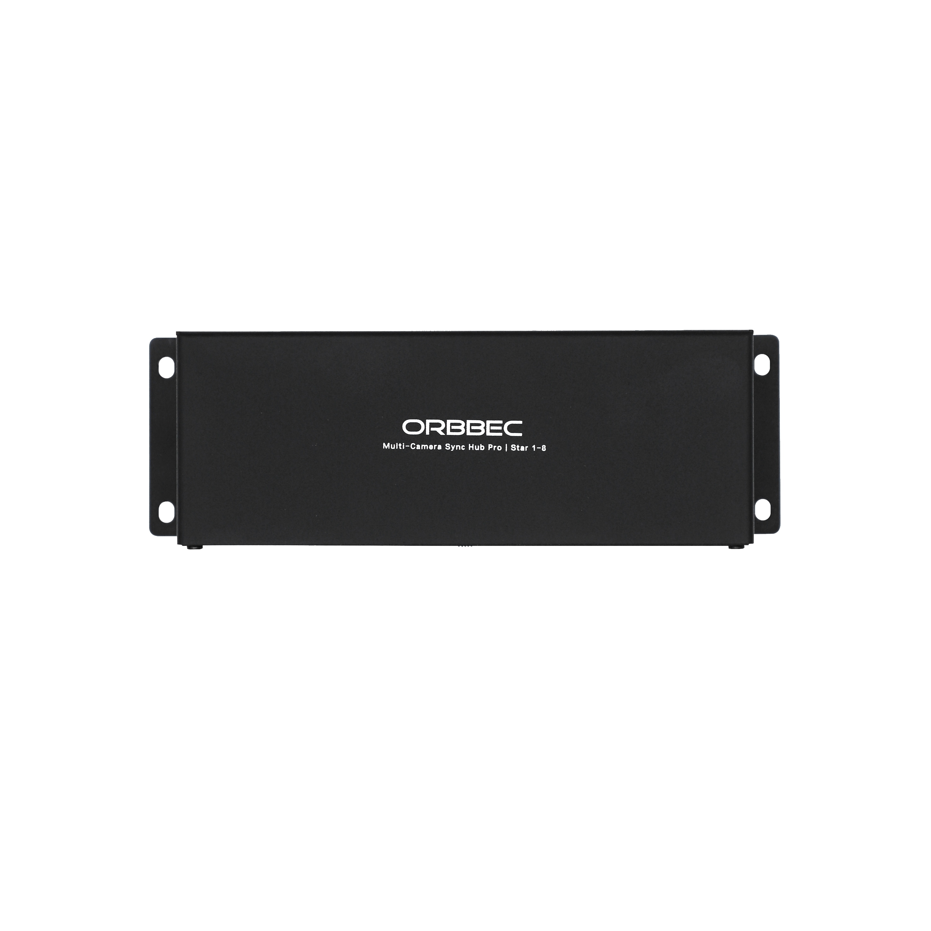 Top flat view of Orbbec Multi-Camera Sync Hub Pro detailing the black metallic finish and screen printing labels.