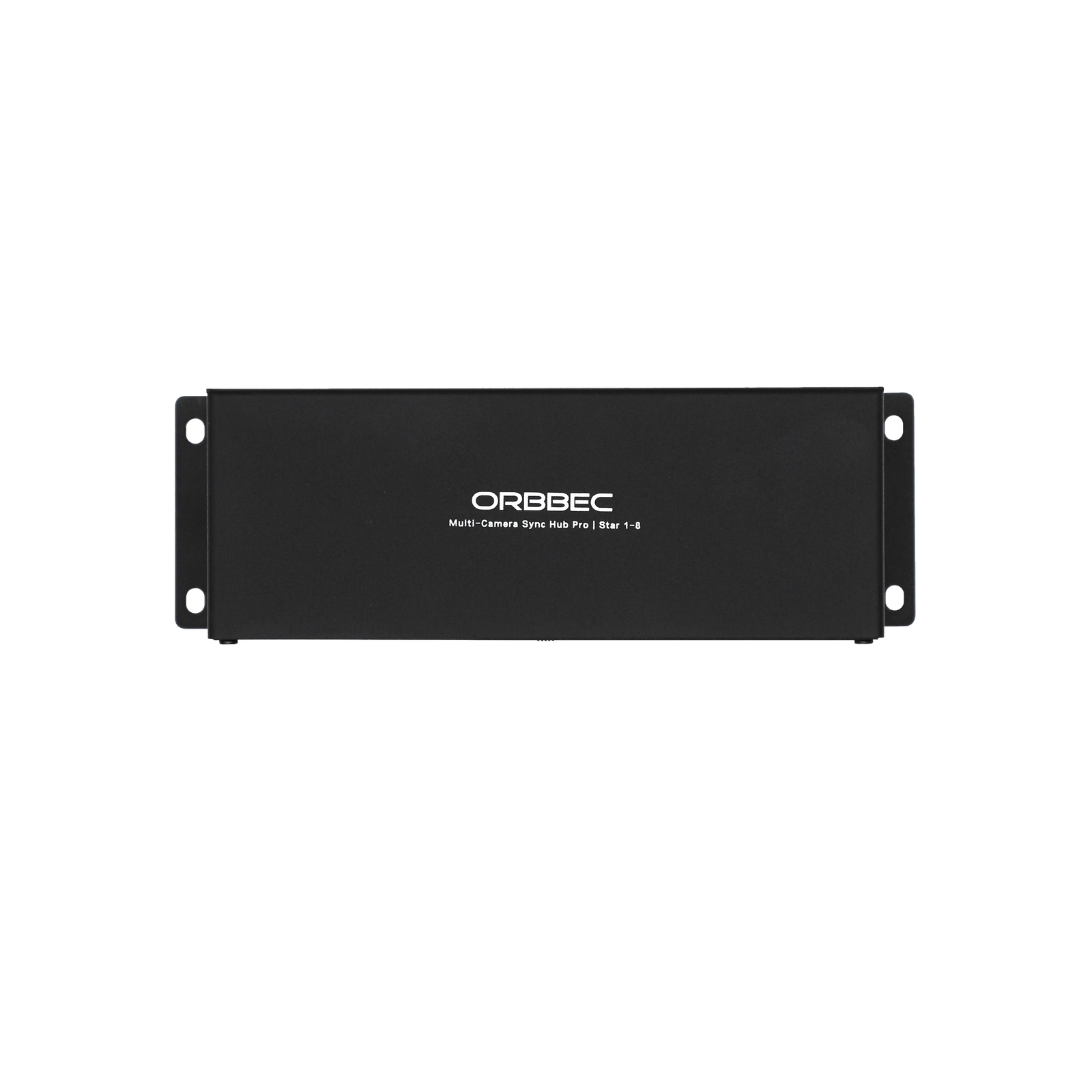 Top flat view of Orbbec Multi-Camera Sync Hub Pro detailing the black metallic finish and screen printing labels.
