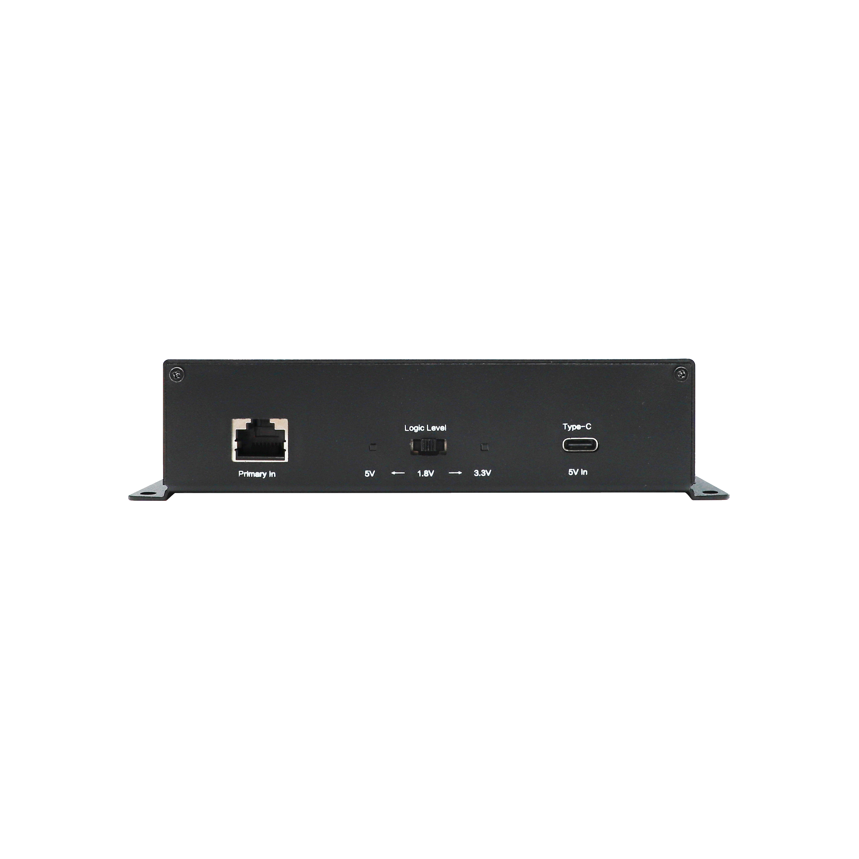 Front panel view of Sync Hub Pro showcasing the RJ45 Primary In port, logic level switch, and 5V USB-C power input.