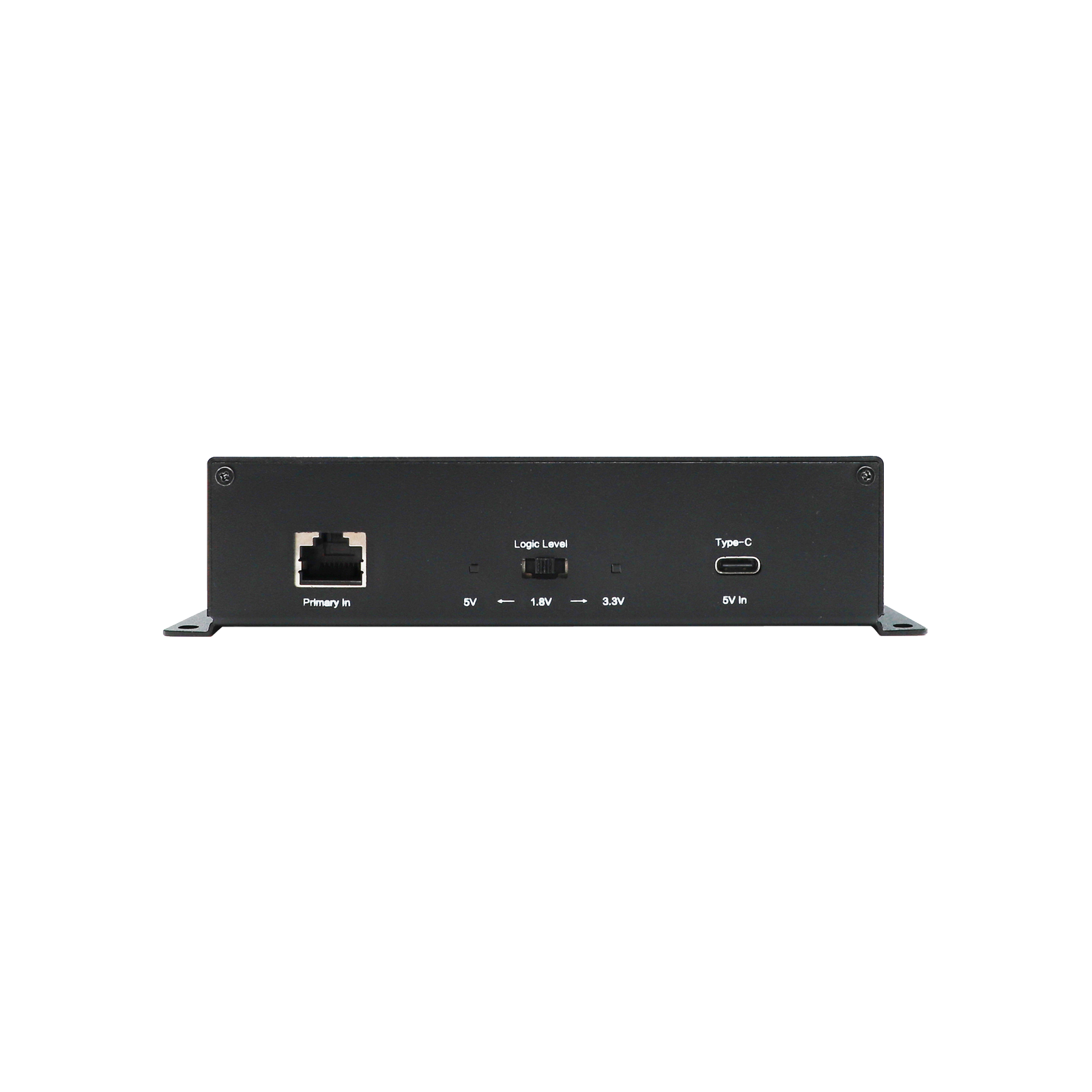 Front panel view of Sync Hub Pro showcasing the RJ45 Primary In port, logic level switch, and 5V USB-C power input.