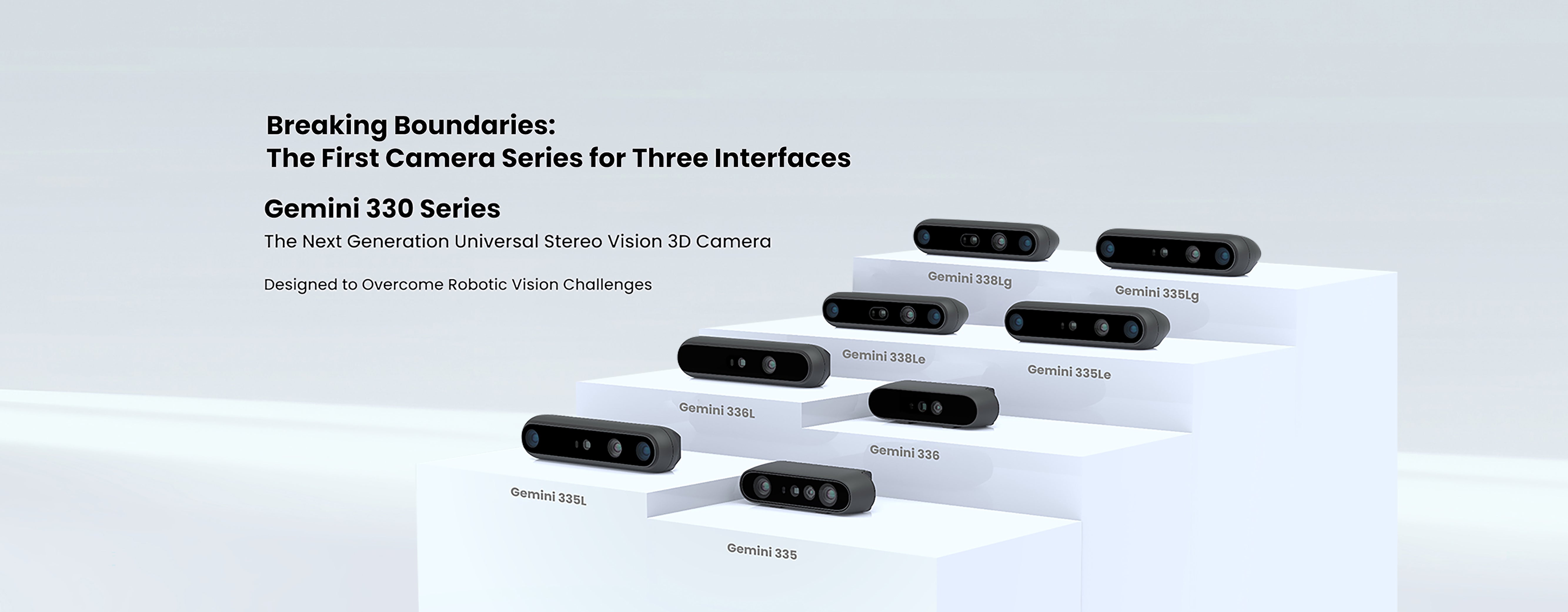Gemini 330 Series 3D cameras showcasing three interfaces: USB3, Ethernet, and GMSL2 for robotic vision challenges.
